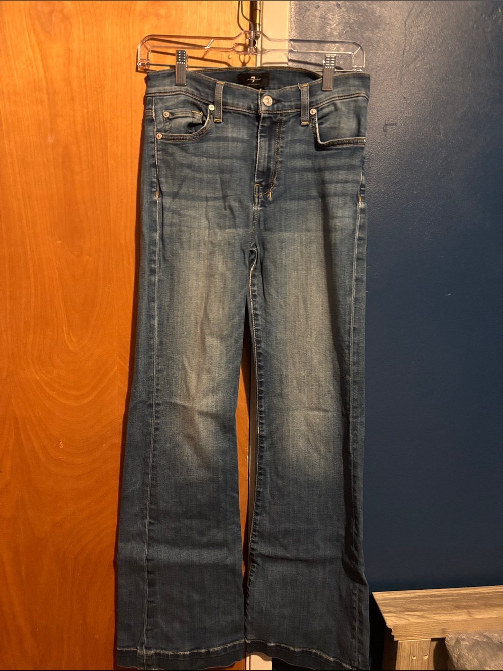 7 For All Mankind Blue Flare Jeans - Distressed Mid Wash